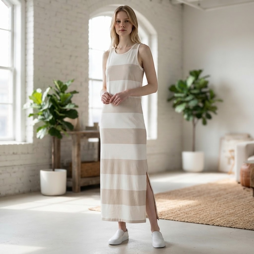 Splendid Women's S Striped Racerback Maxi Dress Side Slit Minimalist Coastal